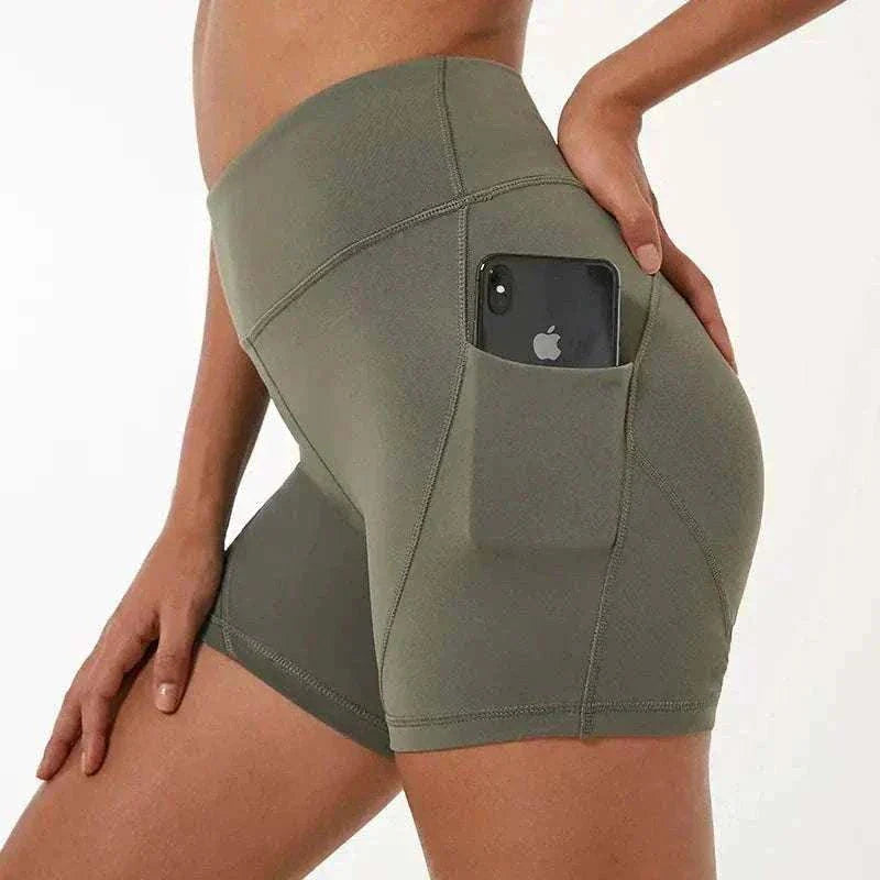 Quick-Dry High-Waisted Sports Shorts in Moss Green with side pocket.