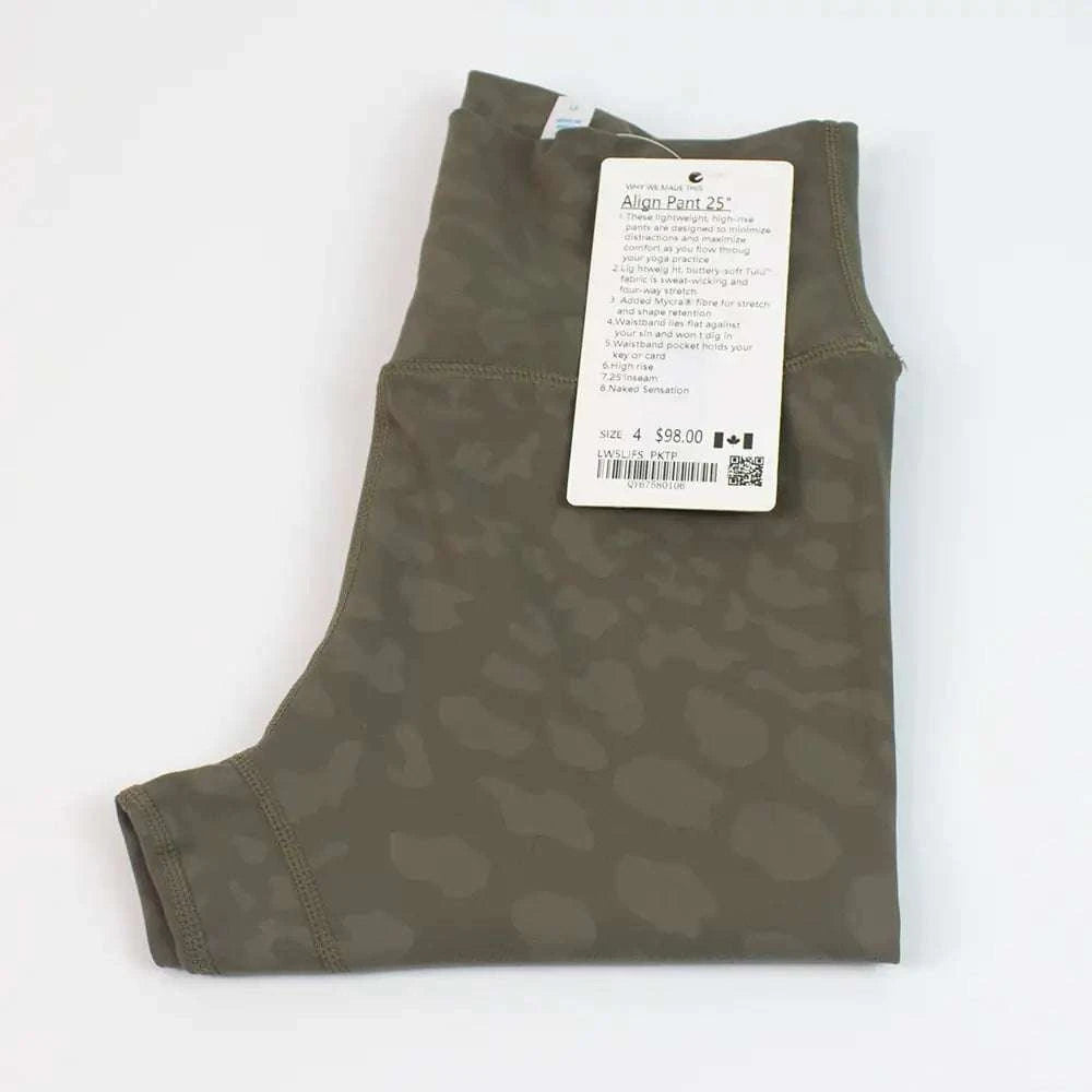 High waist hip lift fitness trousers in olive color, showcasing the label and premium fabric design.