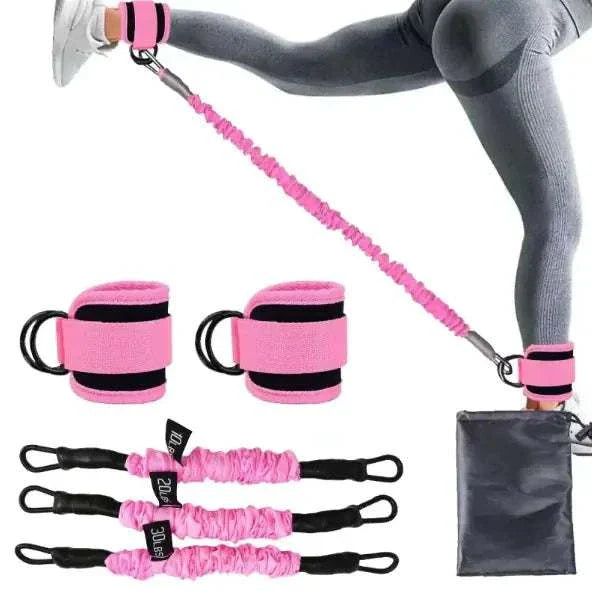 Ankle strap resistance bands with pink elastic, adjustable straps, and varying resistance levels for fitness workouts.