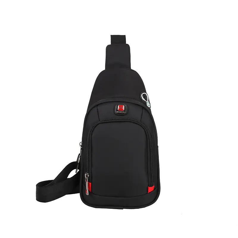 Navy blue sport shoulder bag with headphone jack for outdoor use.