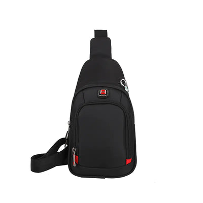 Navy blue sport shoulder bag with headphone jack for outdoor use.