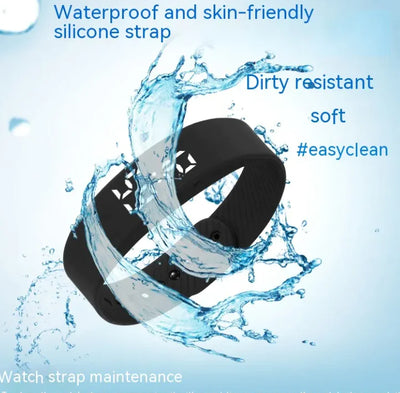 Waterproof black silicone strap of sport smart watch with water splash, showcasing durability and easy maintenance.