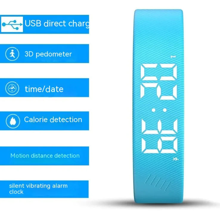 Sport Smart Watch in sky blue with digital display, featuring USB charge, 3D pedometer, and silent alarm.