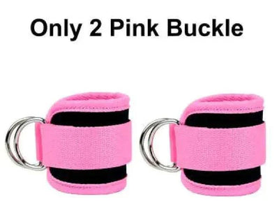 Pink ankle strap resistance bands with adjustable buckles for fitness workouts.