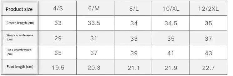 Size chart for Quick-Dry High-Waisted Sports Shorts, detailing measurements for sizes 4 to 12, including crotch length, waist, hip circumference, and foot length.