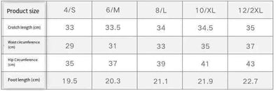 Size chart for Quick-Dry High-Waisted Sports Shorts, detailing measurements for sizes 4 to 12, including crotch length, waist, hip circumference, and foot length.