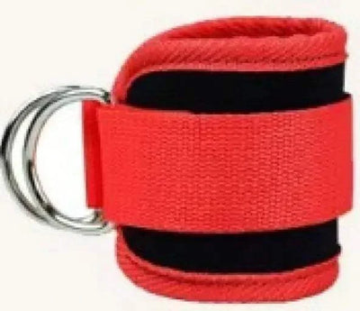 Red ankle strap for resistance bands with adjustable fit and metal rings for secure attachment. Ideal for hip and leg exercises.