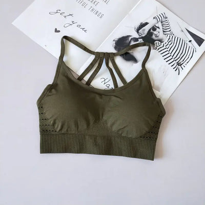 Sport bra for fitness and yoga in army green with beautiful back design.