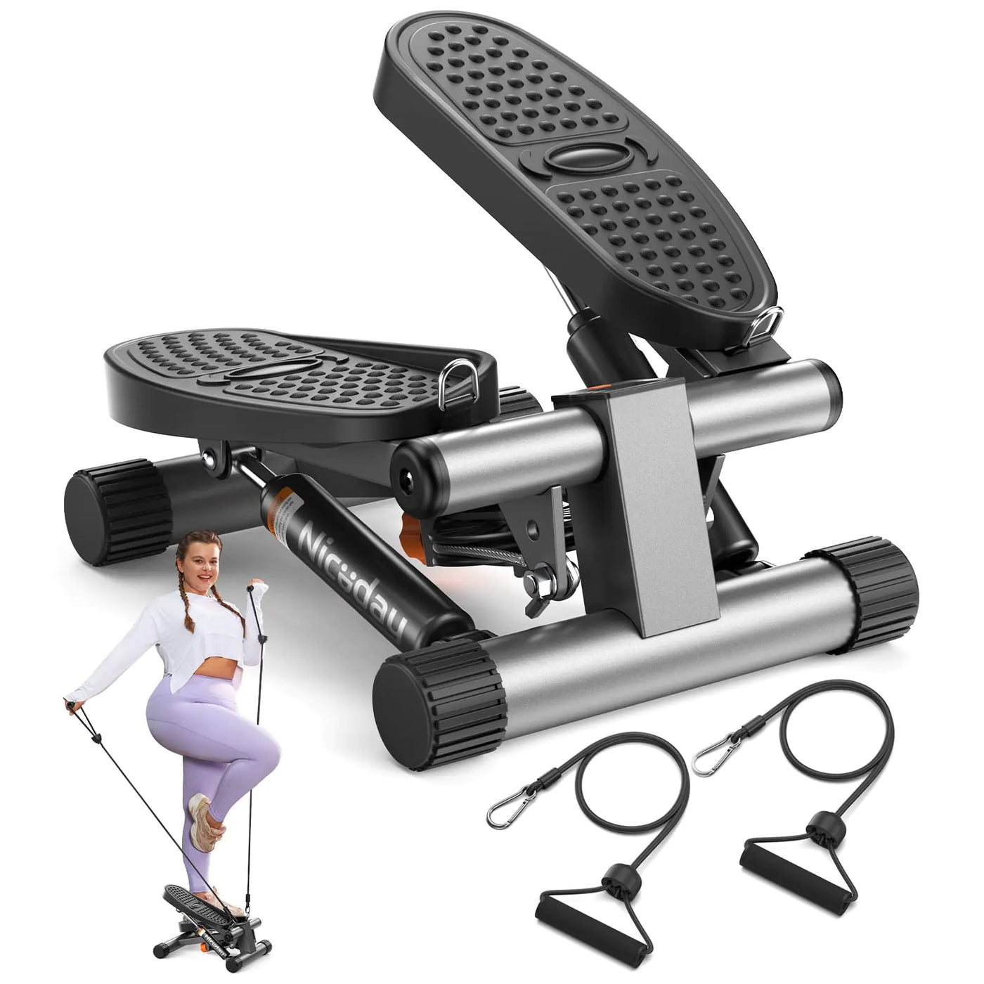 Mini stair stepper for home workout with resistance bands, hydraulic system, LCD monitor, and 300LBS capacity in silver gray.