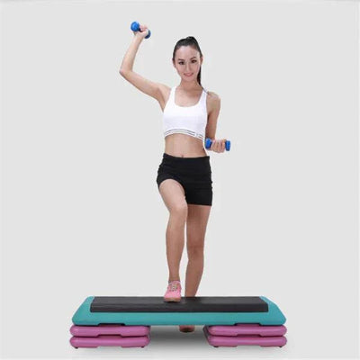 Fitness step board for aerobics and exercise with robust construction, suitable for various workouts, available in vibrant colors.