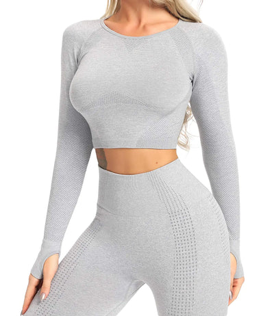 Seamless long sleeve yoga gym crop top with thumb holes in gray, fitted activewear shirt for women.
