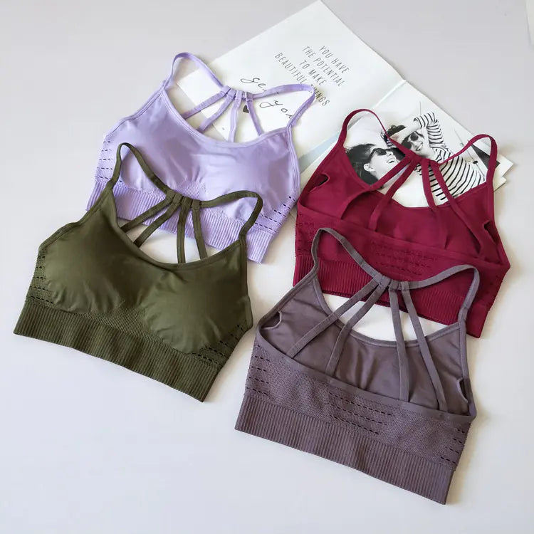 Sport bra for fitness and yoga with beautiful back in various colors.