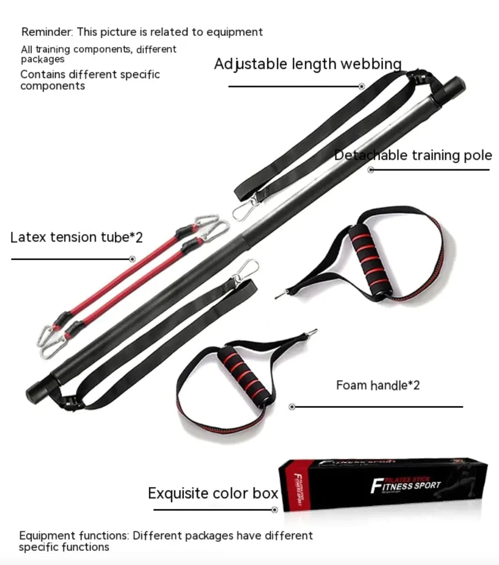 Pilates bar kit with adjustable resistance bands for full-body workouts.