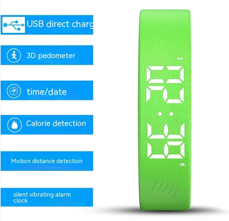 Sport Smart Watch in grass green with digital display, USB charge, 3D pedometer, and calorie detection features.