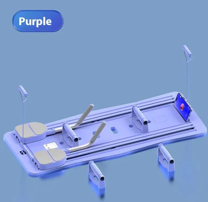 Purple Core Master Fitness Board with ab wheel and reclining bench for home gym workouts.