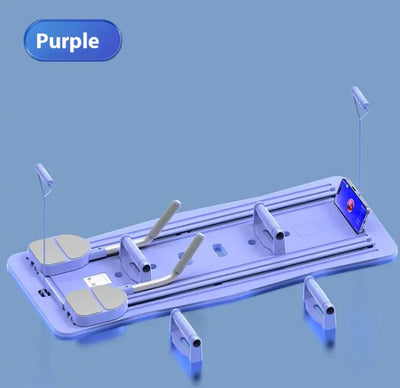 Purple Core Master Fitness Board with ab wheel and reclining bench for home gym workouts.