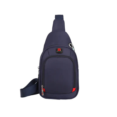 Navy blue sport shoulder bag with headphone jack, single-shoulder design, durable oxford cloth, and zipper pocket, ideal for outdoor use.