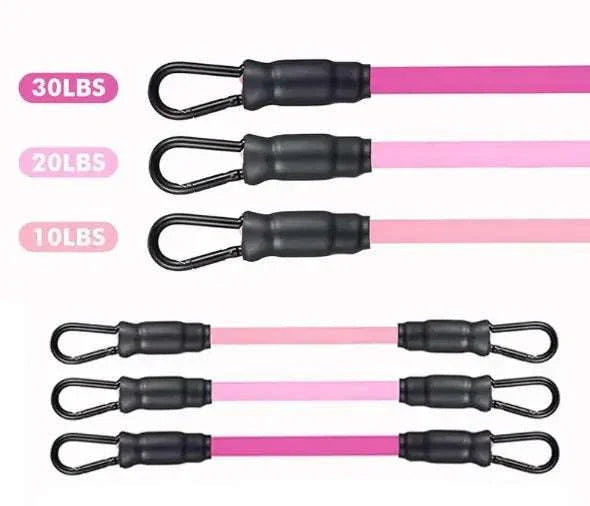 Ankle strap resistance bands in pink, varying resistance levels labeled 10lbs, 20lbs, 30lbs.