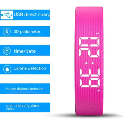 Sport Smart Watch in rose red silicone, featuring USB direct charge, 3D pedometer, time/date display, calorie detection.
