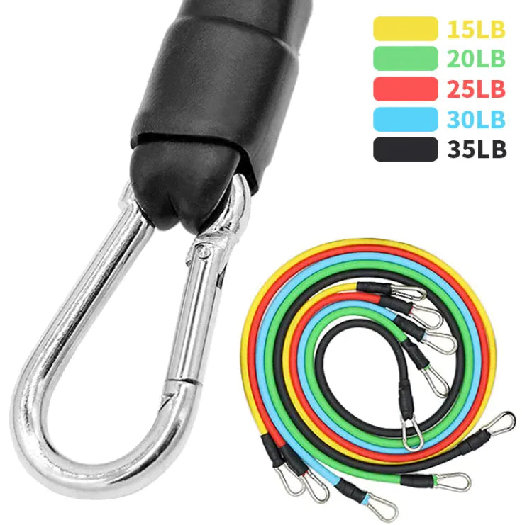 TPE Resistance Training Band set in various colors with metal hooks, suitable for strength training and fitness workouts.