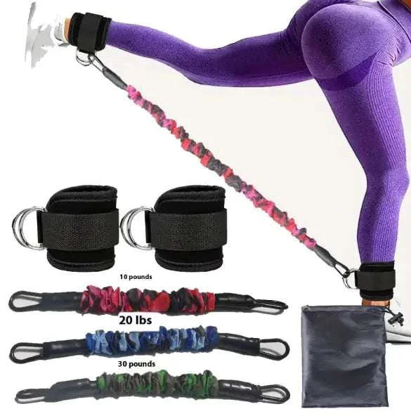 Ankle strap resistance bands for fitness workouts, featuring adjustable straps and varying resistance for strength training and flexibility.