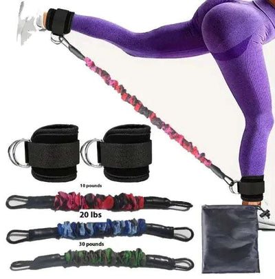 Ankle strap resistance bands for fitness workouts, featuring adjustable straps and varying resistance for strength training and flexibility.