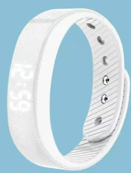 Sport Smart Watch with white silicone strap, waterproof, sleep monitoring, and step counting features.