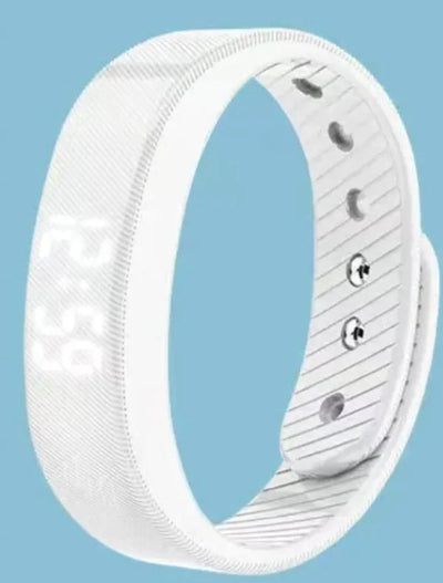 Sport Smart Watch with white silicone strap, waterproof, sleep monitoring, and step counting features.