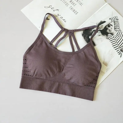 Sport bra for fitness and yoga with beautiful back design in violet, featuring a fixed neck strap for support.