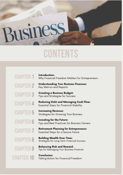 eBook cover and contents page of "The Entrepreneurship's Guide to Financial Freedom," featuring a comprehensive guide for entrepreneurs on financial stability and wealth management.