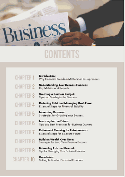 eBook cover and contents page of "The Entrepreneurship's Guide to Financial Freedom," featuring a comprehensive guide for entrepreneurs on financial stability and wealth management.