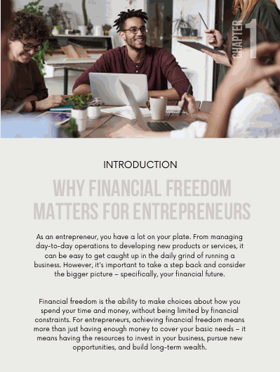 eBook cover for "The Entrepreneurship's Guide to Financial Freedom" featuring a group of entrepreneurs discussing financial management strategies.