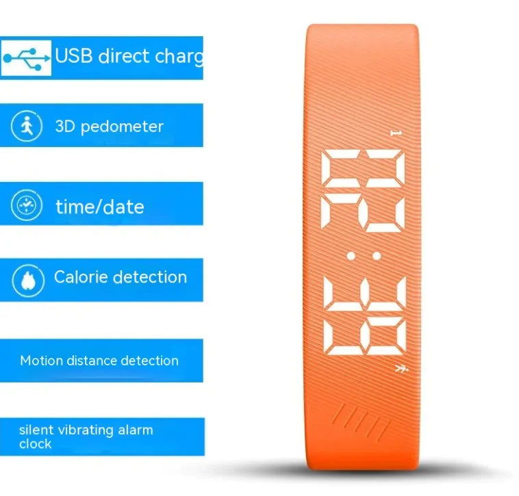 Sport Smart Watch in sunny day orange with silicone strap, featuring USB charge, 3D pedometer, calorie detection, and silent vibrating alarm.