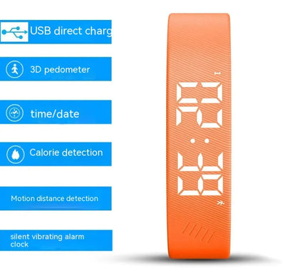Sport Smart Watch in sunny day orange with silicone strap, featuring USB charge, 3D pedometer, calorie detection, and silent vibrating alarm.