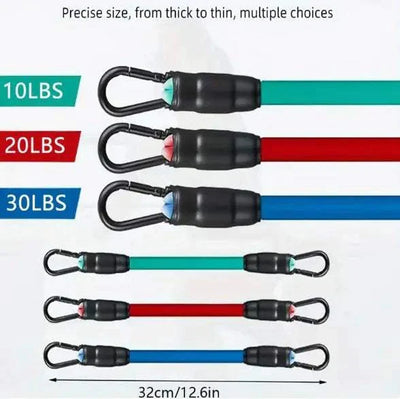 Ankle strap resistance bands in blue, red, and green, with carabiner clips, showing different resistance levels (10lbs, 20lbs, 30lbs).