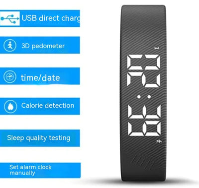 Sport Smart Watch with digital display and features listed including USB direct charge, 3D pedometer, time/date, calorie detection, sleep quality testing, and manual alarm setting.