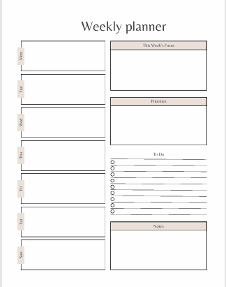 Weekly planner page from the Ultimate Productivity Planner for Moms with sections for focus, priorities, to-do lists, and notes.