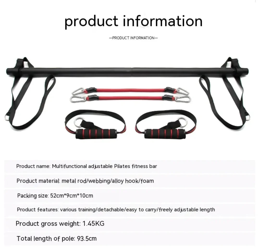 Pilates bar kit with resistance bands for versatile workouts, featuring metal rod and adjustable bands.