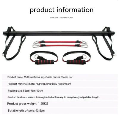 Pilates bar kit with resistance bands for versatile workouts, featuring metal rod and adjustable bands.