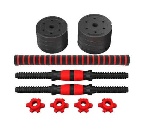 Adjustable home dumbbells with rubber-coated cement weights, handles, and collars for strength training.