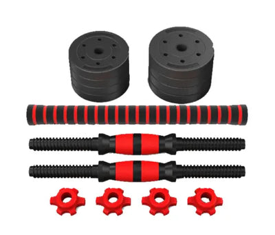 Adjustable home dumbbells with rubber-coated cement weights, handles, and collars for strength training.