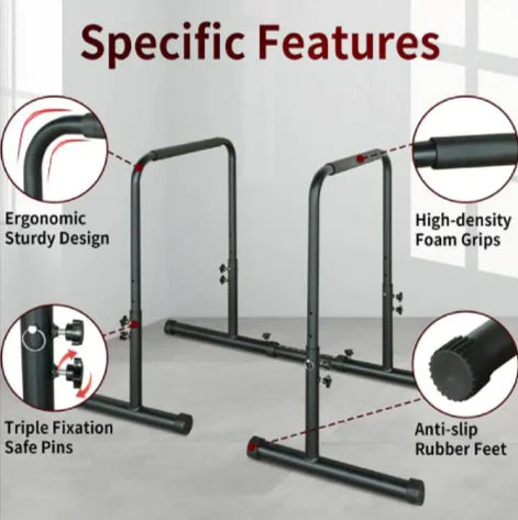 Adjustable Power Tower with ergonomic design, high-density foam grips, triple fixation safe pins, and anti-slip rubber feet.