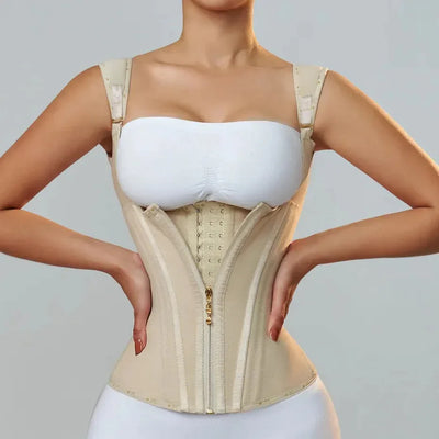 Girdle waist trainer providing firm support, wire-free design, made from spandex and nylon for comfort and shaping.