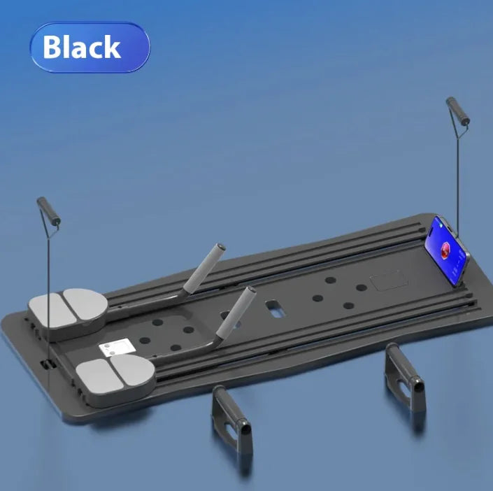 Black Core Master Fitness Board for core workouts, featuring reclining platform and ab wheel.