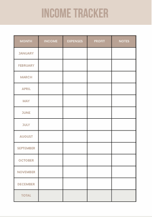 Income tracker table for monthly financial planning and budgeting.