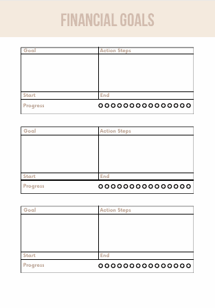 Financial Tracker & Planner goal setting template with sections for goals, action steps, and progress tracking.