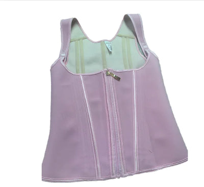 Pink girdle waist trainer with firm support, wire-free comfort, spandex and nylon blend.