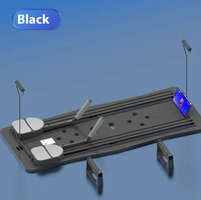 Core Master Fitness Board for home workouts, featuring a black multi-functional bench and ab wheel for core strengthening.