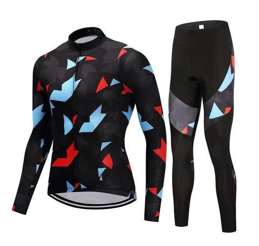 Cycling jersey and long pants set with colorful geometric pattern.