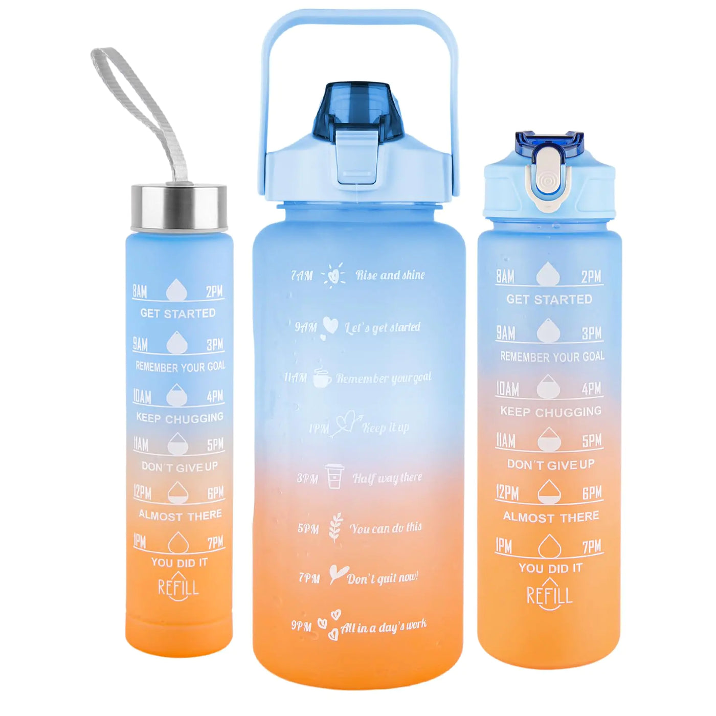 Water bottles with straw, motivational quotes, BPA-free, leakproof, 10oz, 32oz, 64oz.